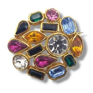 Multicolor Gemstone Color Faceted Rhinestones Gold Tone Brooch Pin Vintage